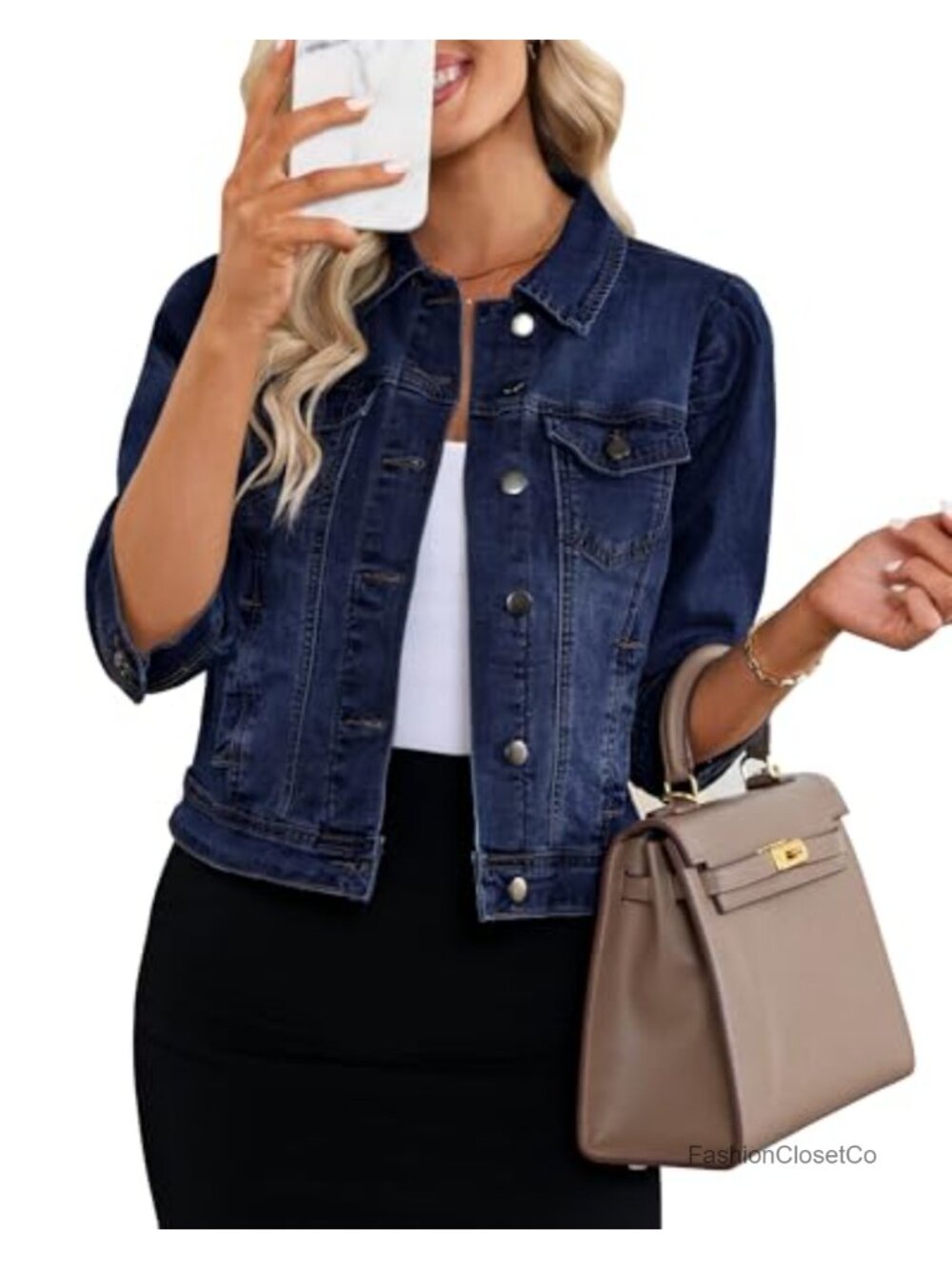 Cropped Denim Jacket Stretchy 3/4 Puff Sleeve Distressed Shacket with Pockets